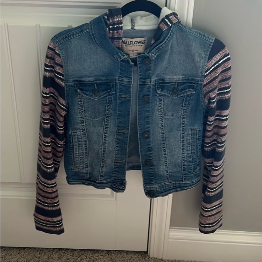 Wallflower Blue Jean Jacket with Pink and Black Striped Sleeves
